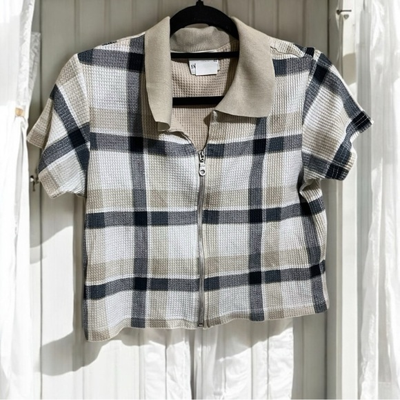Vintage Plaid Waffle Knit Preppy Cottage Academia Crop Polo Zip Sweater Medium - Picture 1 of 2